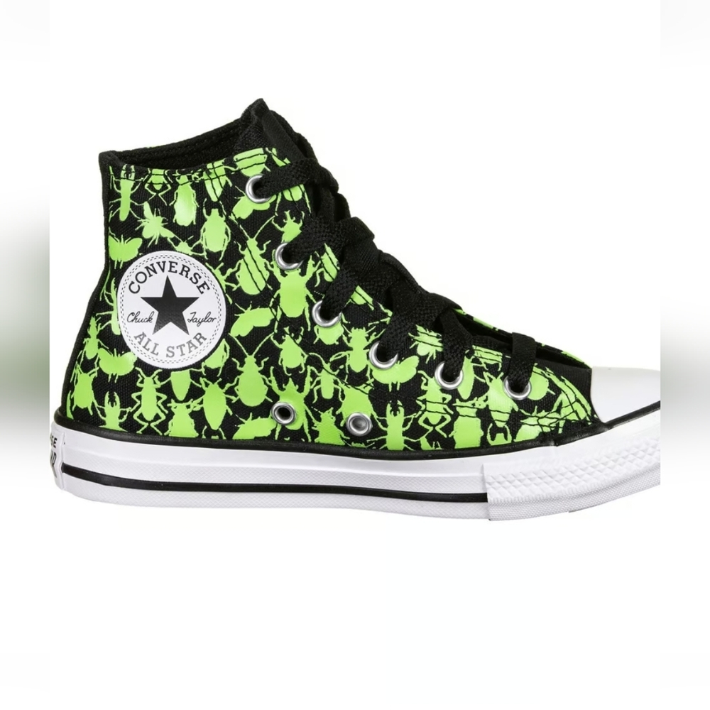 Converse Black and Neon Green Bug Print High-Tops Size 5c.